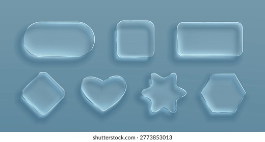 Transparent glass frames with glossy morphism effect, vector set isolated on background. 3D ui elements with realistic texture, rounded corners, crystal clear borders for modern digital interface