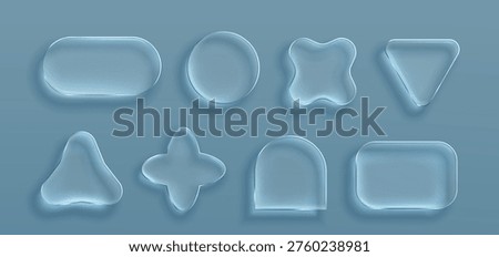 Transparent glass frames with glossy morphism effect, vector set isolated on background. 3D ui elements with realistic texture, rounded corners, crystal clear borders for modern digital interface