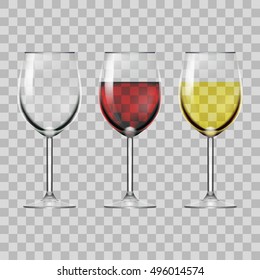 Transparent Glass Full Of Red Wine, White Wine And Empty Glass. EPS10 Vector