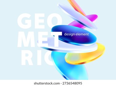 Transparent and glass geometric shape. Abstract composition of 3D circle and ovals in liquid glass style. Vector design elements.