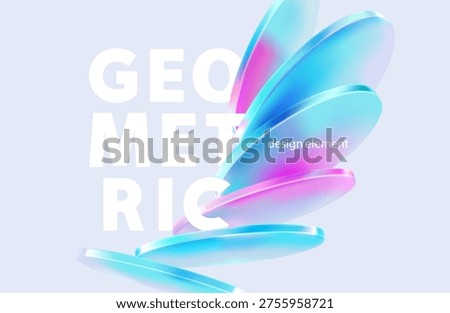 Transparent and glass geometric shape. Abstract composition of 3D circles and disks in liquid glass style. Vector design elements.