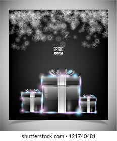 Transparent glass gift box on dark background. Vector eps10