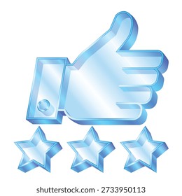 Transparent glass gradient quality rating 3d icon template design. Customer review icon, quality rating, feedback, five stars best seller, symbol. Customer review rating with 5 stars and thumb-up. EPS file.