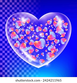 Transparent glass holographic heart. Realistic plastic gradient heart shape. 3d vector illustration. Luxury symbol of love. Decorative element for Valentines Day, wedding card, invitation. EPS 10.