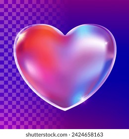 Transparent glass holographic heart. Realistic plastic gradient heart shape bubble. 3d vector illustration. Luxury symbol of love. Decorative element for Valentines Day card, invitation. EPS 10.