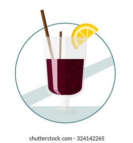 Transparent glass with hot wine with cinnamon and orange. Mulled wine