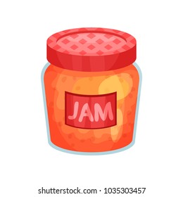 Transparent glass jar with apple jam. Bank with red lid and label. Delicious fruit marmalade. Concept of organic farm product. Cartoon flat vector icon