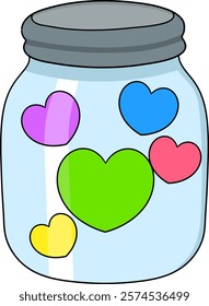 A transparent glass jar filled with colorful hearts in green, blue, pink, yellow, and purple, symbolizing love and affection