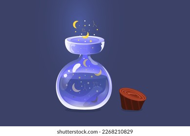 Transparent glass jar for magic potion. Sleeping potion. Sleeping potion. Cartoon style.