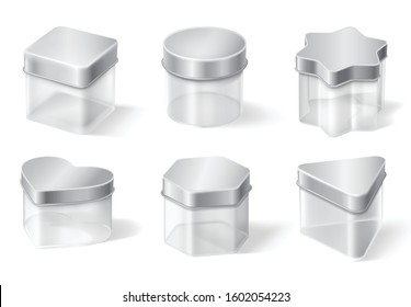 Transparent glass jar with metal lid isolated on white background. Vector realistic mockup of empty clear plastic boxes for jam, tea, coffee or cream. Set of different shapes containers with steel cap