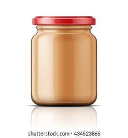 Transparent glass jar with peanut butter. Vector illustration. Packaging collection.