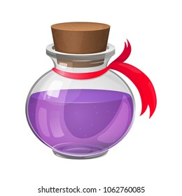 Transparent glass jar with red ribbon. Glass bottle wiht purple liquid. Realistic vector illustration. Game icon.