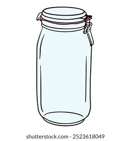 transparent glass jar with snap-on lid, metal fastener, hand drawn doodle illustration. Home container for storage of dry, volatile substances.  bottle for menu, cookbook, recipe, poster design.