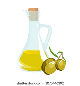 Transparent, glass jar unusual shape with olive oil, along with two tasty, delicious olives, green massilins and leaf with twig. Modern vector flat image design isolated on white background. Logo