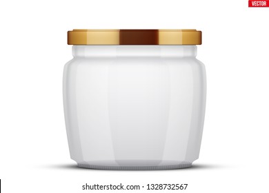 Transparent Glass Jars for canning and preserving. With cover lid. Homemade kitchen conservation fruits and vegetables. Vector Illustration isolated on white background.