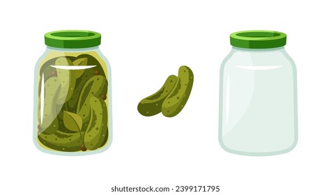 Transparent Glass Jars Showcase Vibrant, Pickled Cucumbers, Their Verdant Hues Preserved In Brine, Vector Illustration