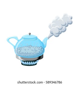 Transparent glass kettle with boiling water and steam on gas stove top isolated on white background. Cartoon vector illustration in flat style.