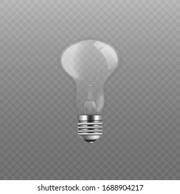 Transparent glass light bulb vector illustration, shiny screw lightbulb with no electricity, symbol of idea or inspiration, realistic isolated drawing with 3D glossy texture
