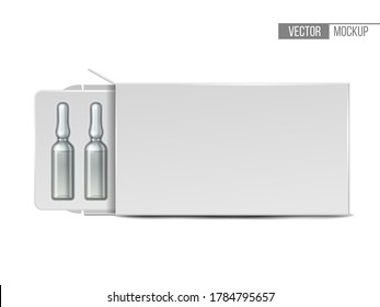 Transparent glass medical ampoules in white package. Realistic 3d mock-up of ampoule with medicament for injection. Blank template of vial. Vector illustration