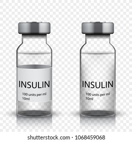 Transparent glass medical vial with insulin, vector illustration
