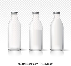 Transparent glass milk bottles. Dairy products. Vector realistic set