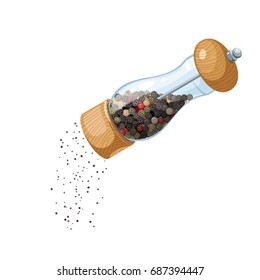 A transparent glass mill with a wooden bottom and a cap, filled with peppercorns, pouring ground pepper. Vector illustration cartoon flat icon, isolated on white.