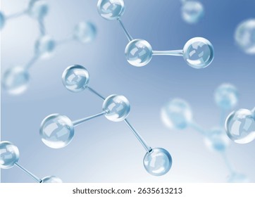Moléculas ou átomos de vidro transparentes sobre fundo azul claro. Molécula de água cosmética 3d hidratante. Modelo farmacêutico, de beleza, médico abstrato. Ilustração em 3d do Vetor Médico