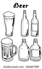 Transparent glass and mug of cold fresh beer with foam and bubbles, bottles of cold fresh beer closed with caps. Hand drawn isolated set with the inscription on a white background