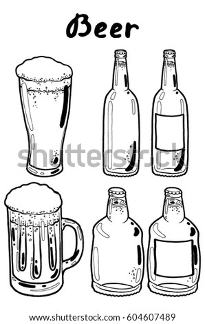Transparent glass and mug of cold fresh beer with foam and bubbles, bottles of cold fresh beer closed with caps. Hand drawn isolated set with the inscription on a white background