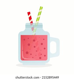 Transparent glass mug of fresh red strawberry watermelon cherry berry juice smoothie or cocktail. Summer drink with bubbles and 2 straws. White background. Isolated. Graphic design.