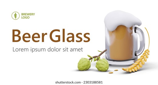 Transparent glass mug with light beer. 3D image of beer from natural ingredients. Horizontal banner with volume elements and editable text. Advertising glassware for beer