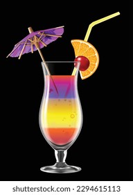 A transparent glass with a multi-colored refreshing cocktail, decorated with a cocktail umbrella, a slice of  orange and cherry, on a black background. Highly realistic illustration.