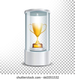 Transparent Glass Museum Showcase Podium With Golden Cup, Spotlight And Sparks. Mock Up Capsule Box For Award Ceremonies. Vector Illustration