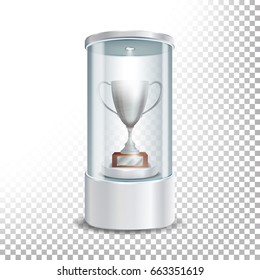Transparent Glass Museum Showcase Podium With Silver Cup, Spotlight And Sparks. Mock Up Capsule Box For Award Ceremonies. Vector Illustration