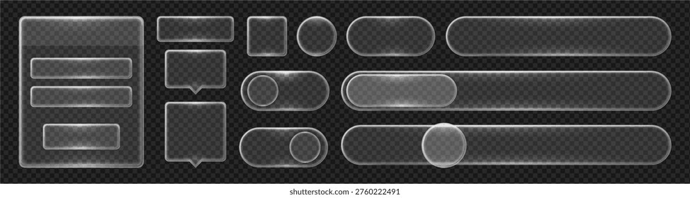 Transparent glass notification and interface window set. Vector isolated panels, message boxes and functional icons. Application and web layout, software design and technology presentation