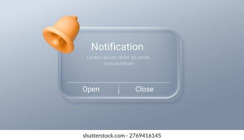 Transparent glass notification window with calendar alert display. Sleek digital interface featuring modern app popup, message bubble, and minimalist icon elements on isolated background.