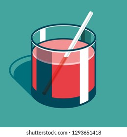 Transparent glass of orange juice with 3d flat style. Cup on color background. Simple volume vector object for your project
