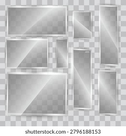 Transparent Glass Panel Collection Featuring Modern Crystal Frames Reflective Interface Elements Decorative Window Shapes and Abstract Design Components