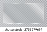 Transparent glass panel mockup with realistic glare and light reflection, clear acrylic window frame isolated on transparent background