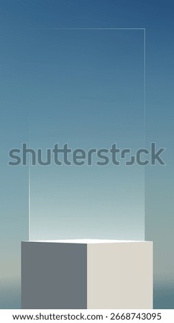Transparent glass panel stands vertical on a square pedestal glowing from below with a blue to grey gradient background designed for product mockup branding showroom and advertising display