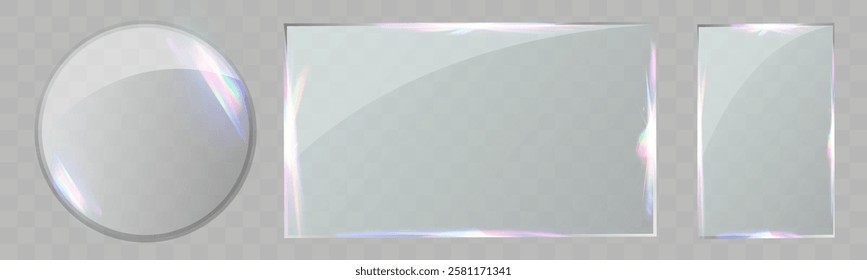 Transparent glass panels with reflections and iridescent light effects on dark background.