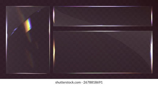 Transparent glass panels set with light glare rainbow reflection vector template for banner ui design.
