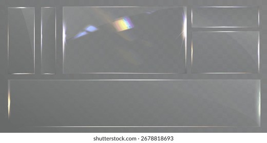 Paneles de vidrio transparentes con Plantilla de Vector de reflexión de arco iris de resplandor ligero para diseño de ui de Anuncio.