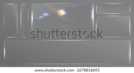 Transparent glass panels set with light glare rainbow reflection vector template for banner ui design.