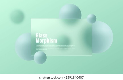 Transparent glass partition with floating mint colored spheres on light gradient background. Abstract background.
