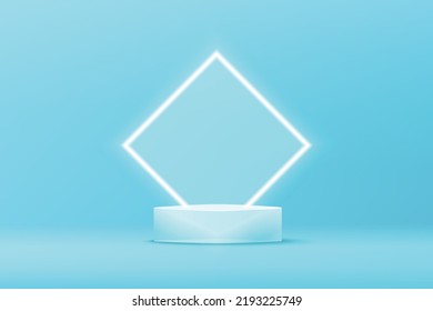 Transparent glass pedestal podium with glowing neon square border on blue background. 3d vector illustration for product display or showcase.