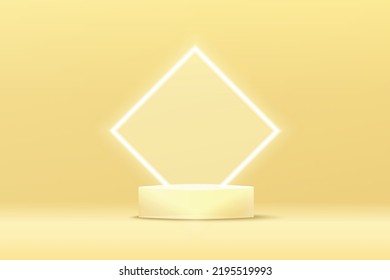 Transparent glass pedestal podium with glowing neon square border on yellow background. 3d vector illustration for product display or showcase.