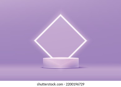 Transparent glass pedestal podium with glowing neon square border on purple background. 3d vector illustration for product display or showcase.