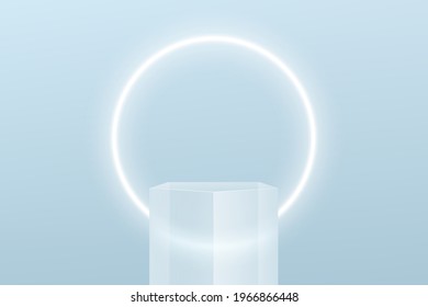 Transparent glass pentagon shape pedestal podium. Bright blue minimal wall scene and glowing neon ring shape. Vector rendering 3d shape for product display presentation. Pastel color abstract room.