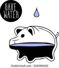 transparent glass piggy bank is filled with water, with drop of water on top. The concept of water conservation. Save water. Protection of the planet. Doodle